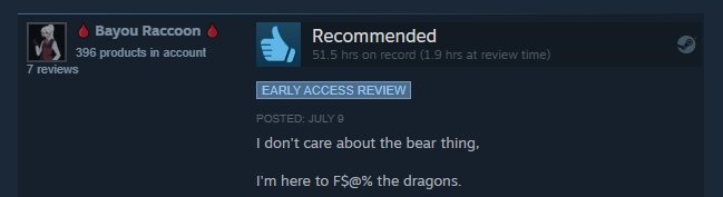 Положительный обзор Baldur's Gate 3 в Steam: "Мне плевать на медведя.  Я здесь, чтобы F$@% драконов."