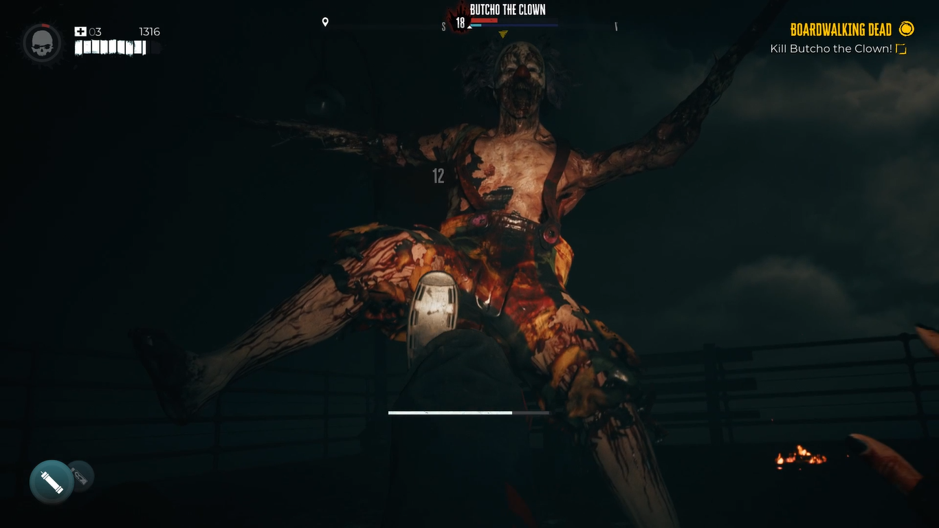 Клоун-зомби, которого пинают по воздуху в Dead Island 2.