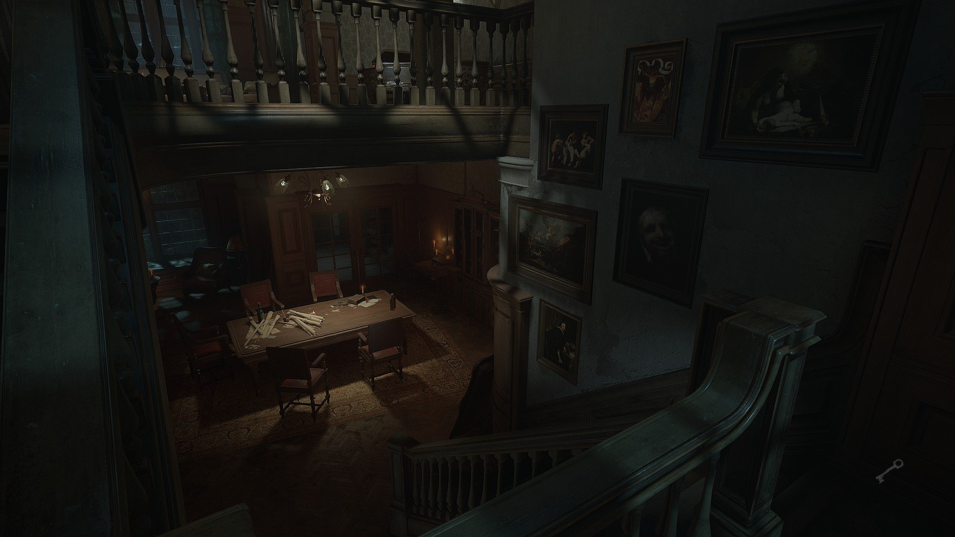 Спуск по лестнице жуткого особняка в игре Layers of Fear.