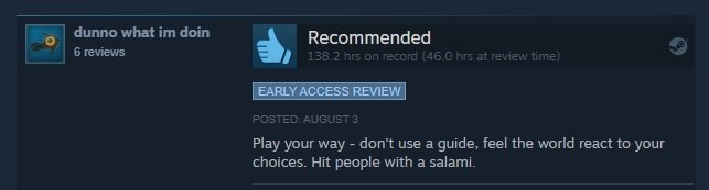 Положительный обзор Baldur's Gate 3 в Steam: "Играйте по-своему - не используйте руководство, почувствуйте, как мир реагирует на ваш выбор.  Бить людей салями."