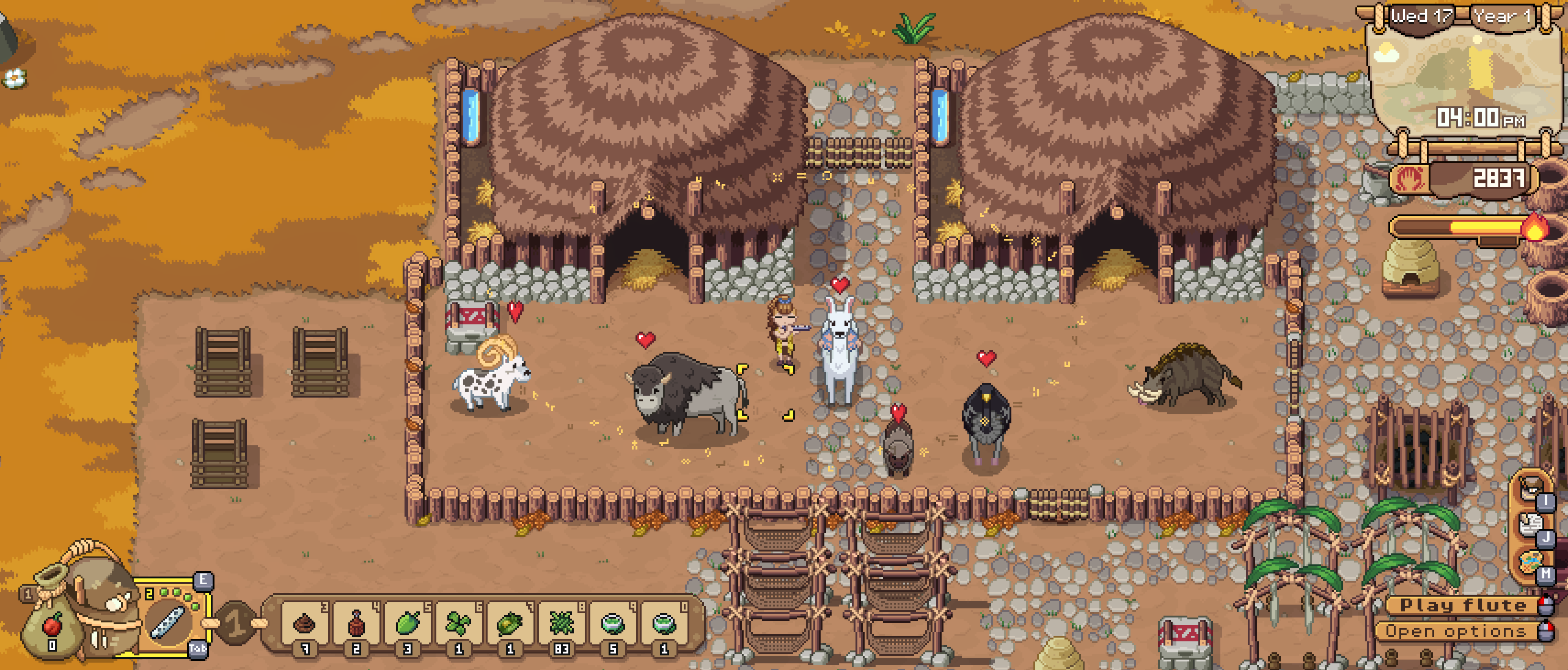 Roots of Pacha - игрок стоит между двумя небольшими амбарами и играет на флейте для своего скота.