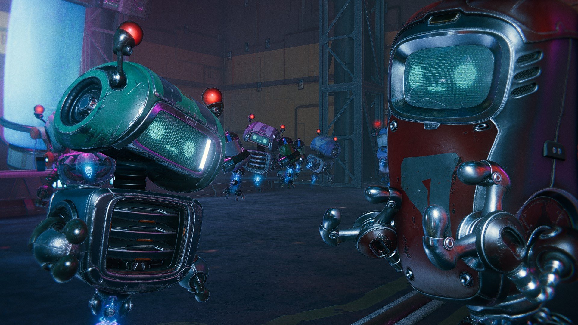Роботы танцуют в ночном клубе в Ratchet & Clank: Rift Apart.