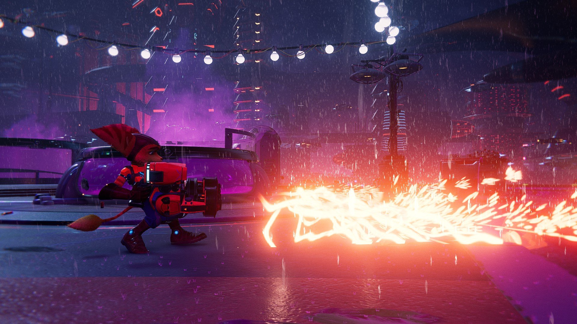 Рэтчет стреляет из Enforcer, огромного научно-фантастического дробовика, в Ratchet & Clank: Rift Apart.
