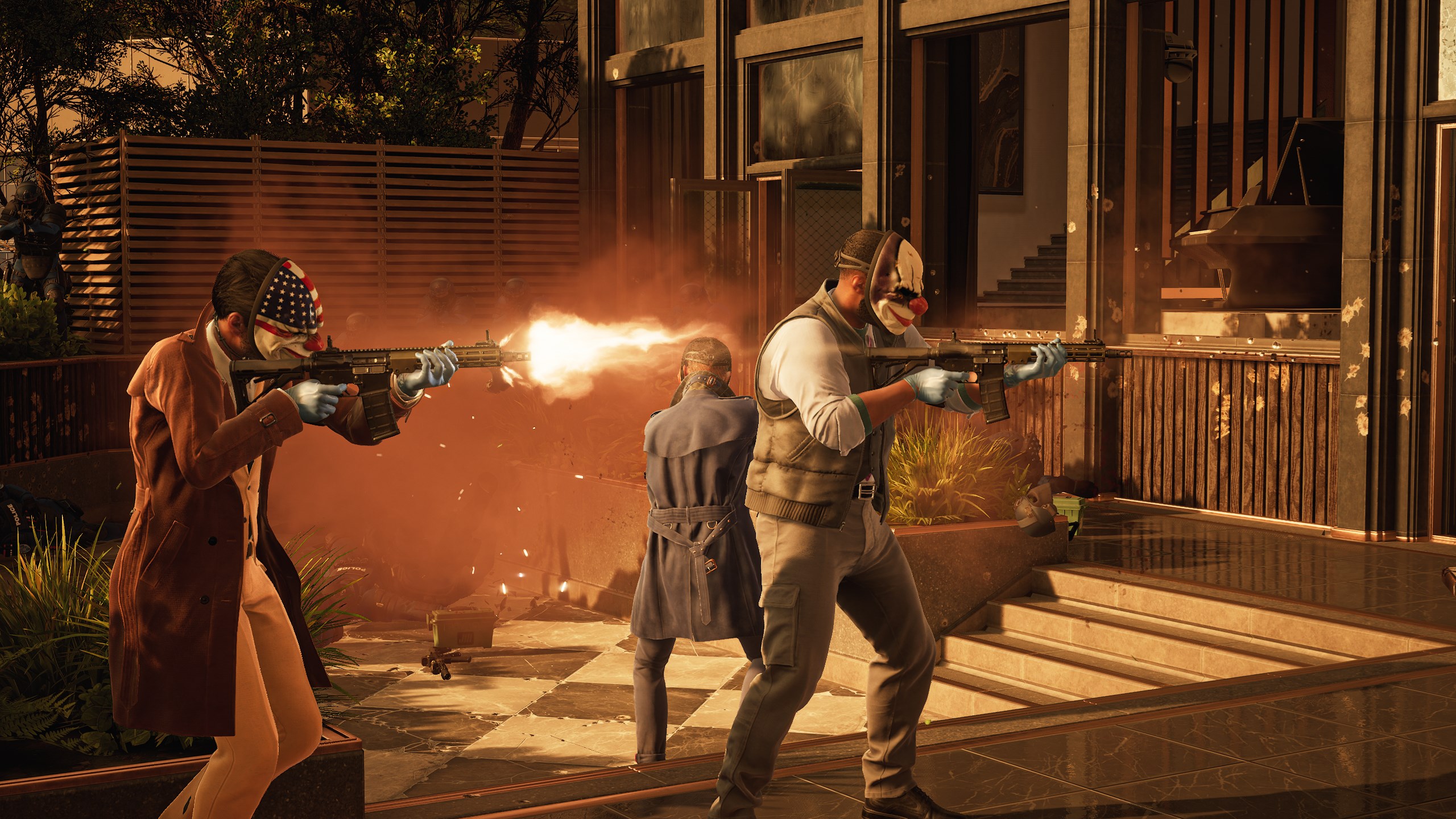 Скриншот из Payday 3, на котором два персонажа стоят спина к спине с оружием