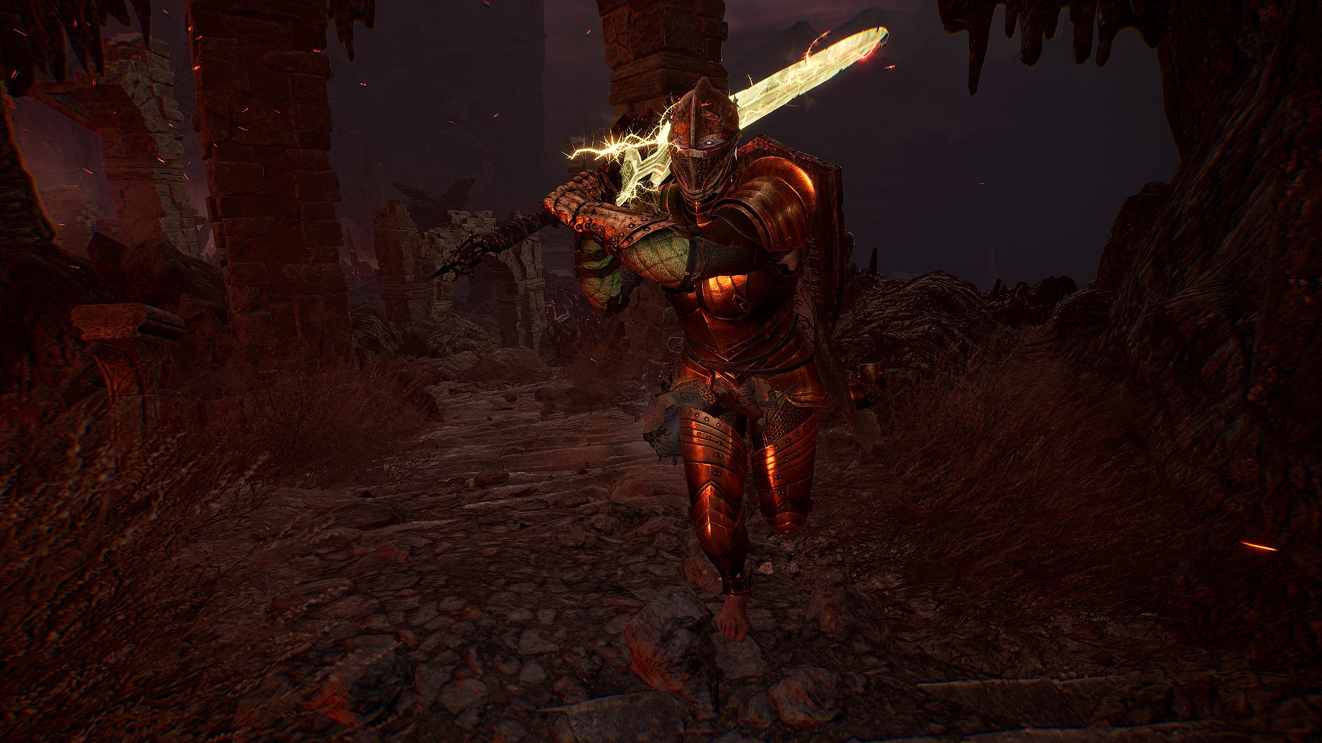 Паладин из Lords of the Fallen поднимается по инфернальной лестнице, через плечо у него перекинуто сияющее лучевое оружие.