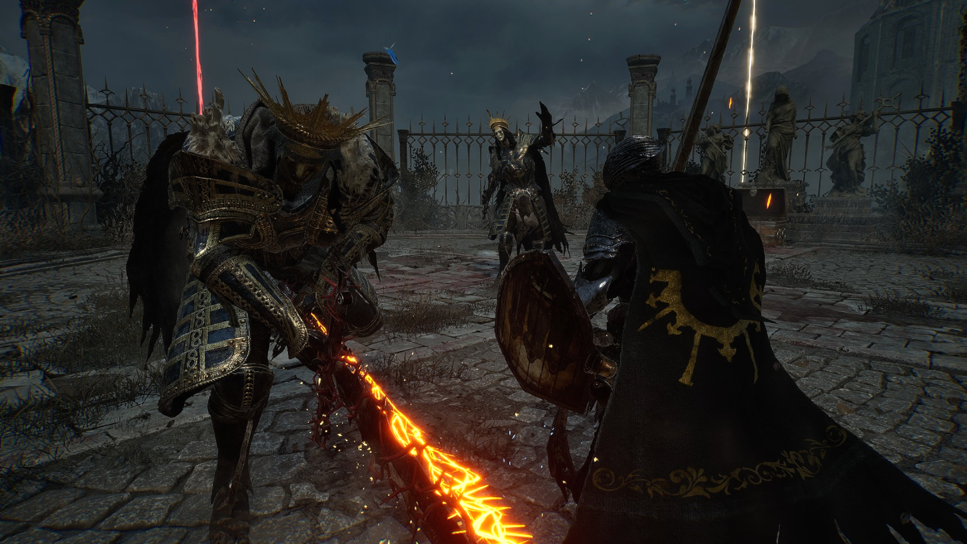 Рыцарь из Lords of the Fallen сражается с двумя врагами - статуями в масках, обнажающими огненные шипастые мечи.