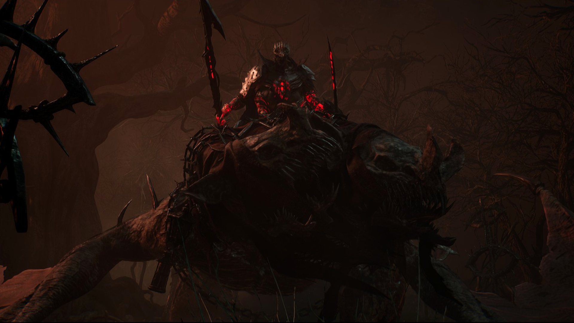Светоносец, босс из Lords of the Fallen, злобно нависает над игроком, сидя на двухголовом дрейке.