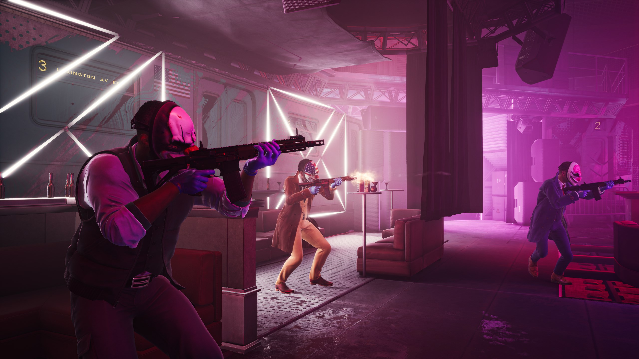 Скриншот из Payday 3, на котором два персонажа держат оружие наперевес в ночном клубе