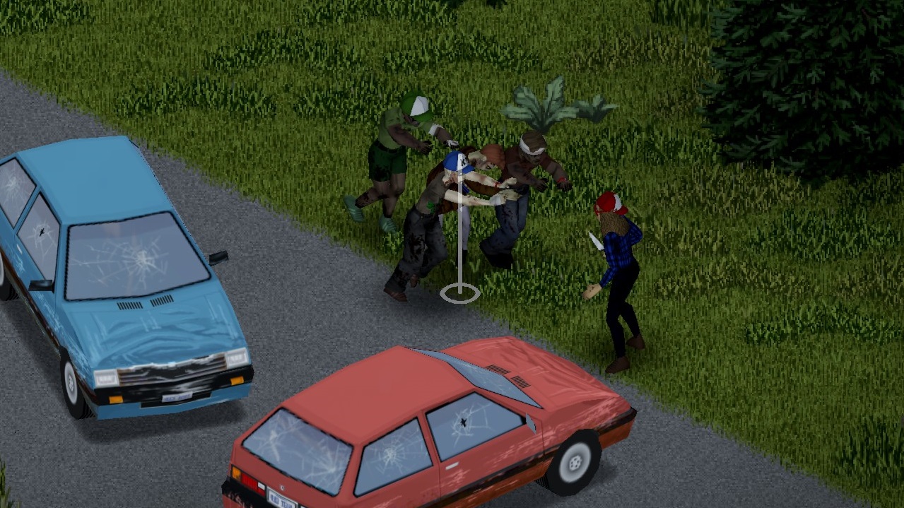 Project Zomboid - Персонаж с кухонным ножом идет задом наперед за двумя разбитыми машинами, а за ним гонятся несколько зомби.