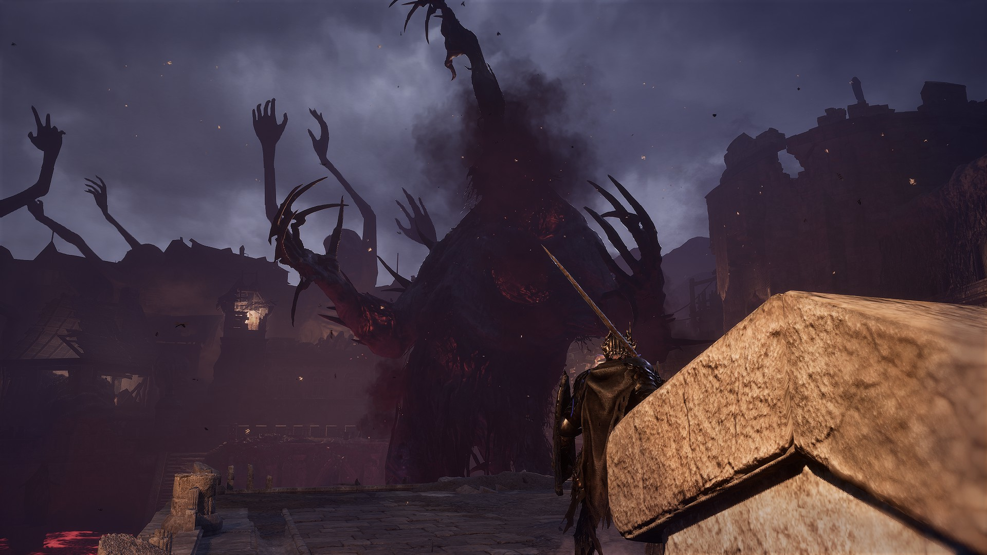 Чудовищный босс из Lords of the Fallen извергает из себя массивную когтистую руку, а паладин смотрит на него в предполагаемом ужасе.