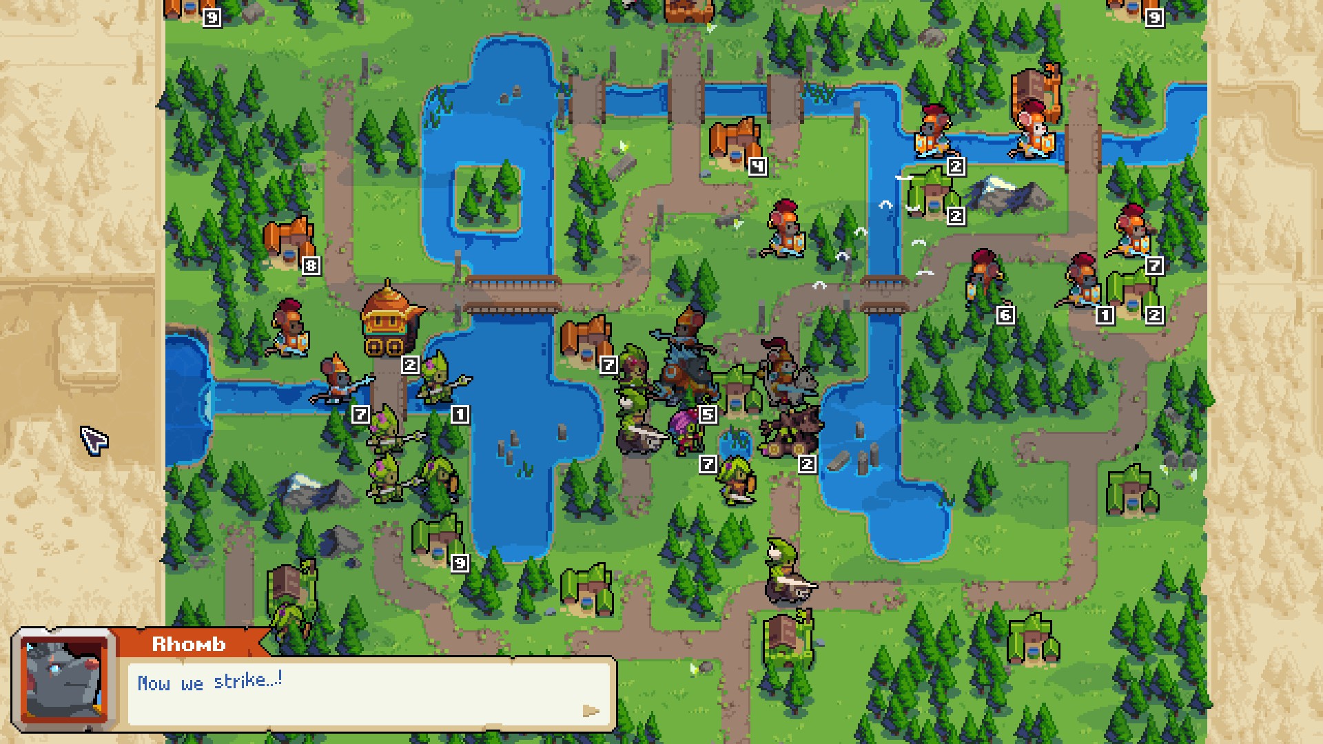 Скриншот Wargroove 2 с изображением войск на карте.