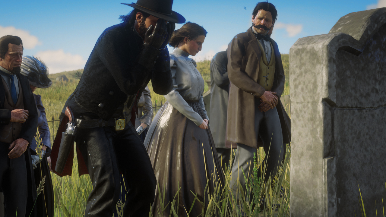 Мужчина плачет на могиле в Red Dead Online.