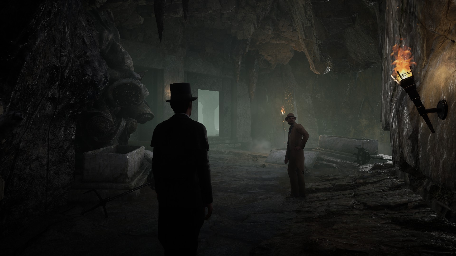 Шерлок и Ватсон исследуют лавкрафтианскую подземную камеру в игре Sherlock Holmes: The Awakened.