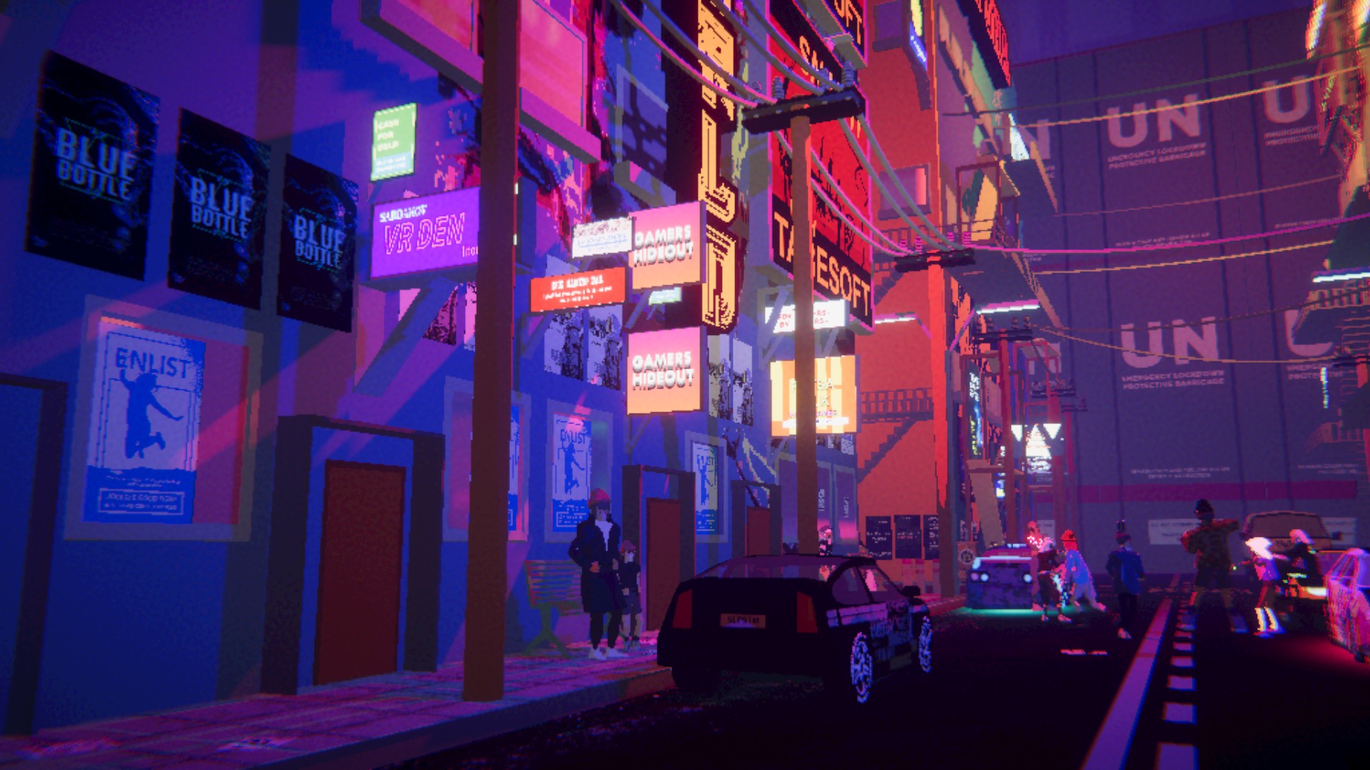 Темная улица возле здания с надписью Gamers Hideout