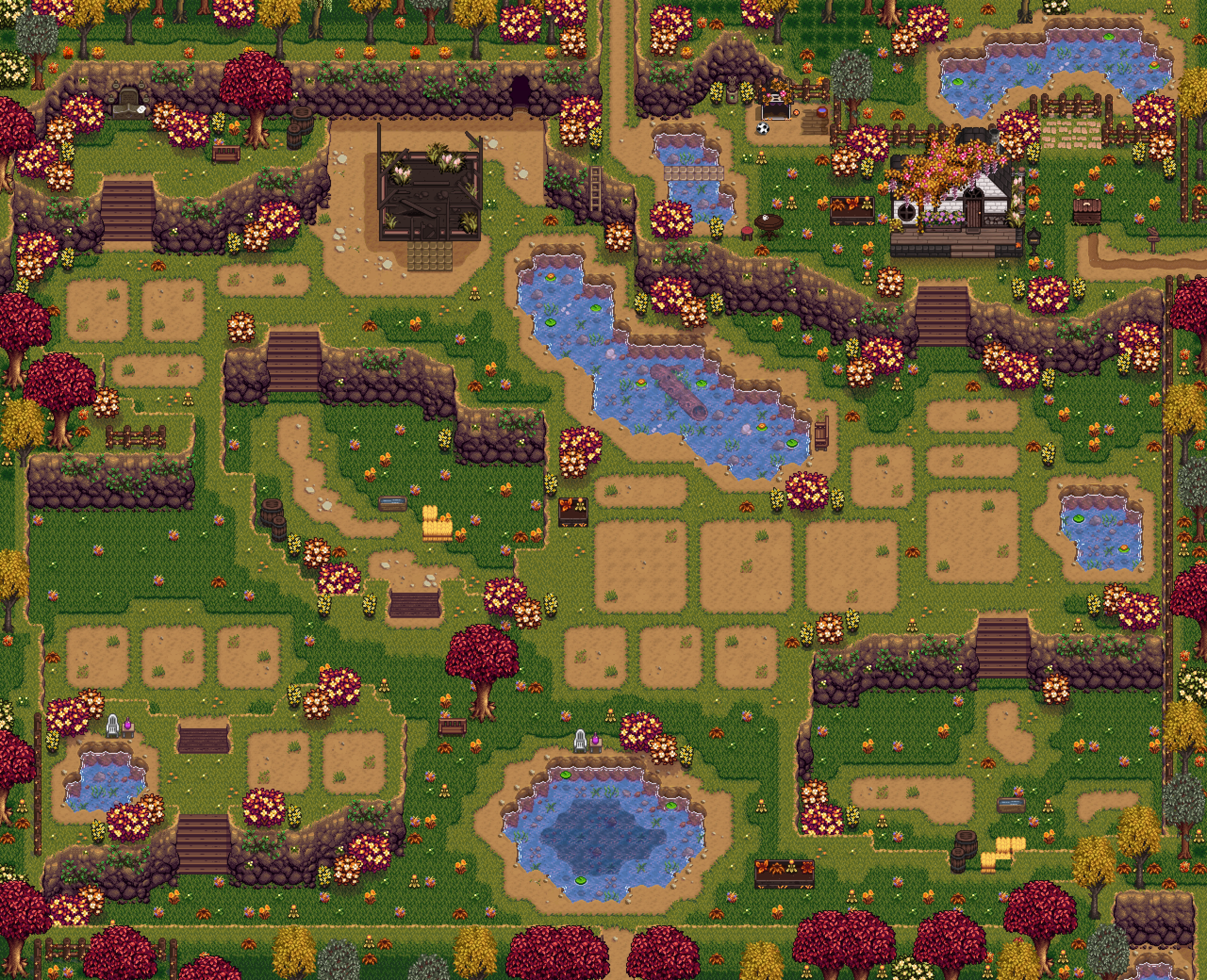 Stardew Valley mods - привлекательная стандартная ферма - участок фермы был переделан с несколькими холмами и выделенными участками для растений.