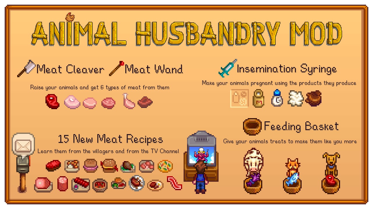 Stardew Valley mods - Animal Husbanrdy - Информационный экран, показывающий тесак и мясо, новые мясные продукты, рецепты и корзины для кормления.