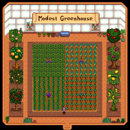 Stardew Valley mods - Идеальная теплица Элли - небольшая переработанная теплица с выделенными участками для деревьев.