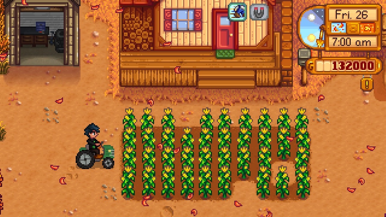 Stardew Valley mods - Tractor mod - Игрок едет на зеленом тракторе рядом с полем кукурузы.