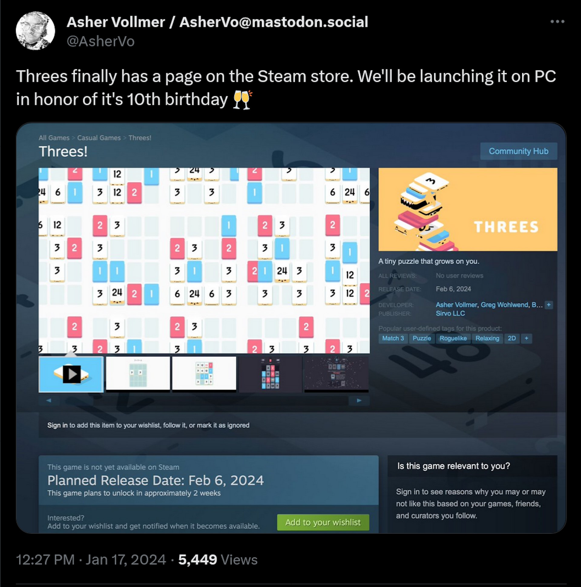 У Threes наконец-то появилась страница в магазине Steam. Мы запустим ее на ПК в честь 10-летия игры ?.